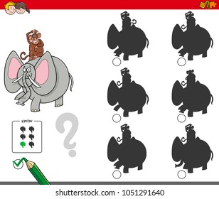 Cartoon Illustration of Finding the Shadow without Differences Educational Activity for Children with Monkey and Elephant Animal Characters