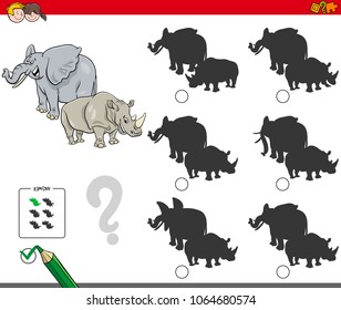Cartoon Illustration of Finding the Shadow without Differences Educational Activity for Children with Elephant and Rhinoceros Animal Characters