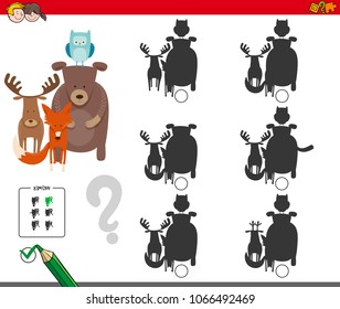 Cartoon Illustration of Finding the Shadow without Differences Educational Activity for Children with Wild Animal Characters