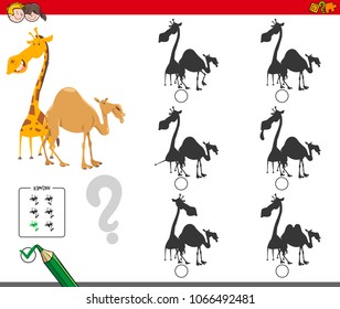 Cartoon Illustration of Finding the Shadow without Differences Educational Activity for Children with Giraffe and Camel Animal Characters