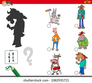 Cartoon Illustration of Finding the Shadow without Differences Educational Activity for Children with Fantasy Animal Characters