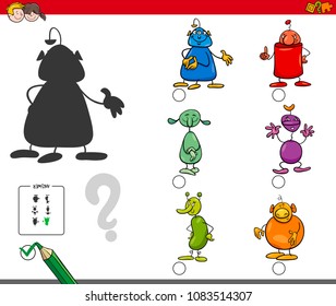 Cartoon Illustration of Finding the Shadow without Differences Educational Activity for Children with Fantasy Alien Characters