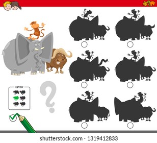 Cartoon Illustration of Finding the Shadow without Differences Educational Activity for Children with Funny Animal Characters