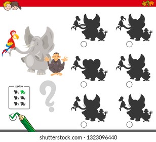 Cartoon Illustration of Finding the Shadow without Differences Educational Activity for Children with Wild Animal Characters