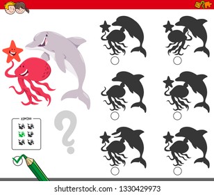 Cartoon Illustration of Finding the Shadow without Differences Educational Activity for Children with Funny Marine Animal Characters