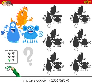 Cartoon Illustration of Finding the Shadow without Differences Educational Activity for Children with Funny Monster Characters