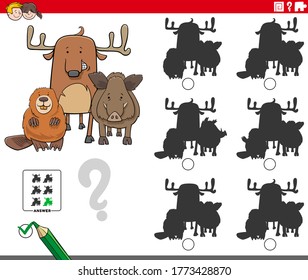 Cartoon Illustration of Finding the Shadow without Differences Educational Game for Children with Funny Animal Characters
