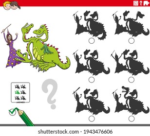 Cartoon illustration of finding the shadow without differences educational game for children with witch fighting a dragon