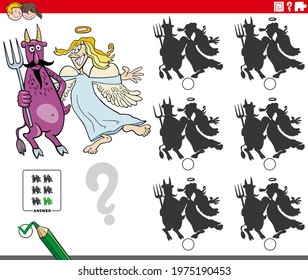 Cartoon illustration of finding the shadow without differences educational game for children with angel and devil