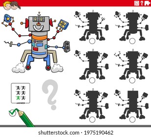 Cartoon illustration of finding the shadow without differences educational game for children with funny robot character