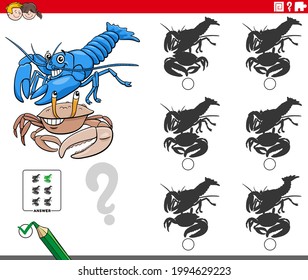 Cartoon illustration of finding the shadow without differences educational game for children with crayfish and crab animal characters