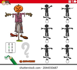 Cartoon illustration of finding the shadow without differences educational game for children with scarecrow Halloween character