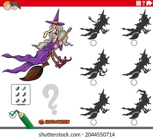 Cartoon illustration of finding the shadow without differences educational game for children with witch on broom Halloween character