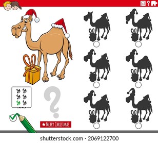 Cartoon illustration of finding the shadow without differences educational game for children with dromedary camel character on Christmas time