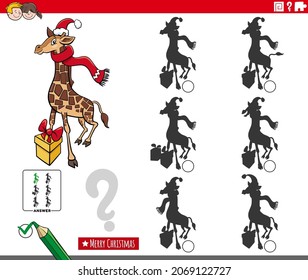 Cartoon illustration of finding the shadow without differences educational game for children with giraffe character on Christmas time