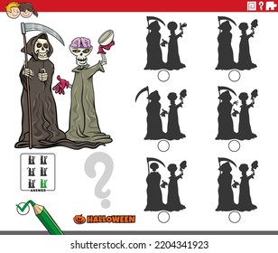 Cartoon illustration of finding the shadow without differences educational game with grim reaper and skeleton characters on Halloween time