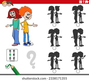 Cartoon illustration of finding the shadow without differences educational activity with girl and boy characters