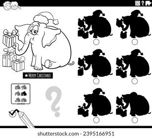Cartoon illustration of finding the shadow without differences educational game with elephant character on Christmas time coloring page