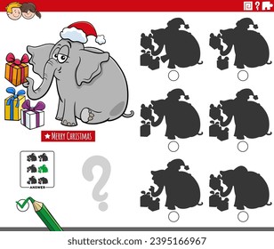 Cartoon illustration of finding the shadow without differences educational game with elephant character on Christmas time