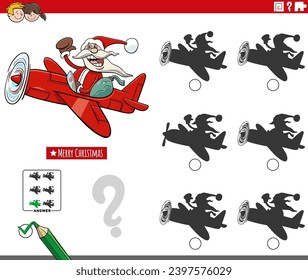 Cartoon illustration of finding the shadow without differences educational game with Santa Claus character in airplane on Christmas time