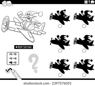 Cartoon illustration of finding the shadow without differences educational game with Santa Claus character in airplane on Christmas time coloring page