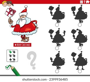 Cartoon illustration of finding the shadow without differences educational game with Santa Claus character with gift on Christmas time