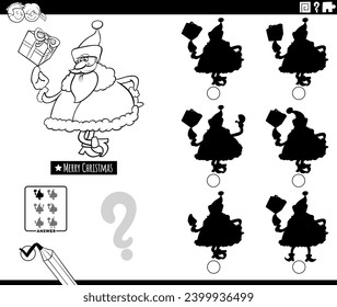 Cartoon illustration of finding the shadow without differences educational game with Santa Claus character with gift on Christmas time coloring page