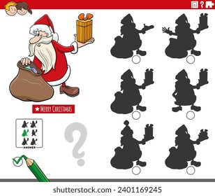 Cartoon illustration of finding the shadow without differences educational game with Santa Claus character with gift and sack on Christmas time