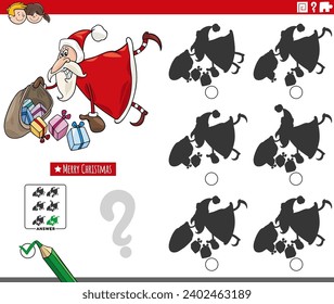 Cartoon illustration of finding the shadow without differences educational game with Santa Claus character with sack of gifts on Christmas time