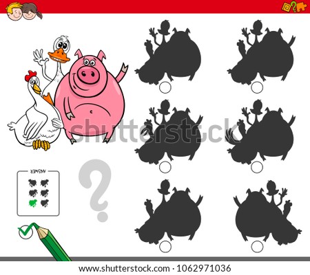 Cartoon Illustration of Finding the Shadow without Differences Educational Activity for Children with Farm Animal Characters Group