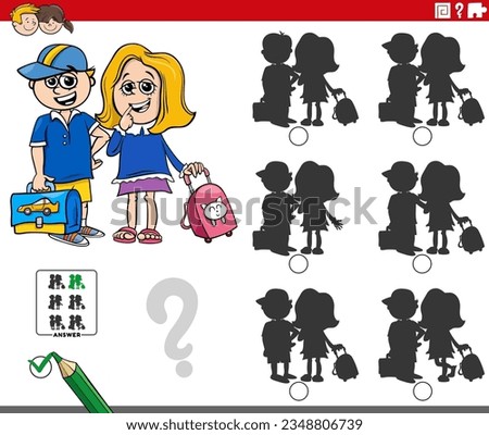 Cartoon illustration of finding the shadow without differences educational game with school girl and boy
