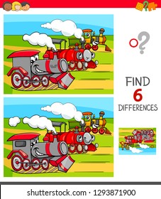 Cartoon Illustration of Finding Six Differences Between Pictures Educational Game for Children with Funny Locomotives