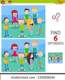 Cartoon Illustration of Finding Six Differences Between Pictures Educational Game for Children with Funny Kids or Teens Characters Group