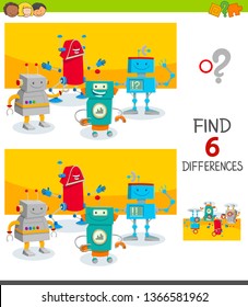 Cartoon Illustration of Finding Six Differences Between Pictures Educational Game for Children with Funny Robot Characters Group
