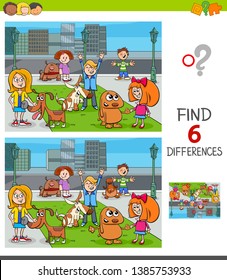 Cartoon Illustration of Finding Six Differences Between Pictures Educational Game for Children with Happy Kids with their Dogs Characters Group