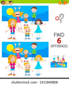 Cartoon Illustration of Finding Six Differences Between Pictures Educational Game for Kids with Happy Children Characters Group