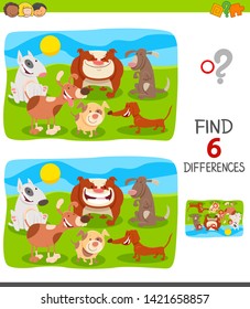 Cartoon Illustration of Finding Six Differences Between Pictures Educational Game for Children with Dogs and Puppies Characters Group