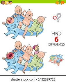 Cartoon Illustration of Finding Six Differences Between Pictures Educational Game for Children with Cute Baby Characters Group