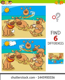 Cartoon Illustration of Finding Six Differences Between Pictures Educational Game for Children with Funny Dogs on Holiday Vacation