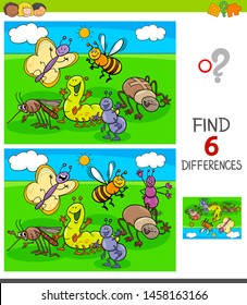 Cartoon Illustration of Finding Six Differences Between Pictures Educational Game for Children with Insects Animal Characters