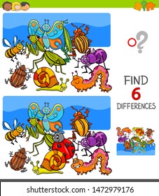 Cartoon Illustration of Finding Six Differences Between Pictures Educational Game for Children with Insects Animal Characters