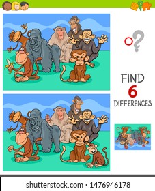 Cartoon Illustration of Finding Six Differences Between Pictures Educational Game for Children with Monkeys Animal Characters