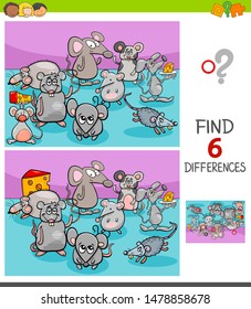 Cartoon Illustration of Finding Six Differences Between Pictures Educational Game for Children with Mice Animal Characters
