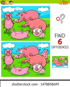 Cartoon Illustration of Finding Six Differences Between Pictures Educational Game for Children with Pigs Animal Characters