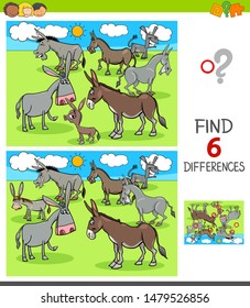 Cartoon Illustration of Finding Six Differences Between Pictures Educational Game for Children with Donkeys Animal Characters