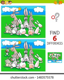 Cartoon Illustration of Finding Six Differences Between Pictures Educational Game for Children with Rabbits Animal Characters