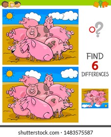 Cartoon Illustration of Finding Six Differences Between Pictures Educational Game for Children with Pigs Animal Characters