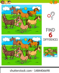 Cartoon Illustration of Finding Six Differences Between Pictures Educational Game for Children with Horses Animal Characters
