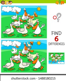 Cartoon Illustration of Finding Six Differences Between Pictures Educational Game for Children with Duck Birds Animal Characters
