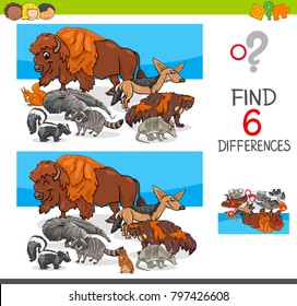 Cartoon Illustration of Finding Six Differences Between Pictures Educational Activity Game for Kids with Wild Animal Characters Group